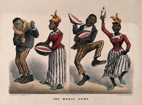 A woman offers a watermelon to a sick man; he is cured and both start dancing; she holds up a medicine bottle. Coloured lithograph, 1890.