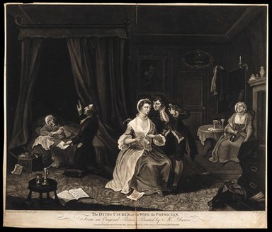 A vicar prays for a dying usurer while his wife receives medical advice. Mezzotint by B. Clowes after W. Dawes, 1768.