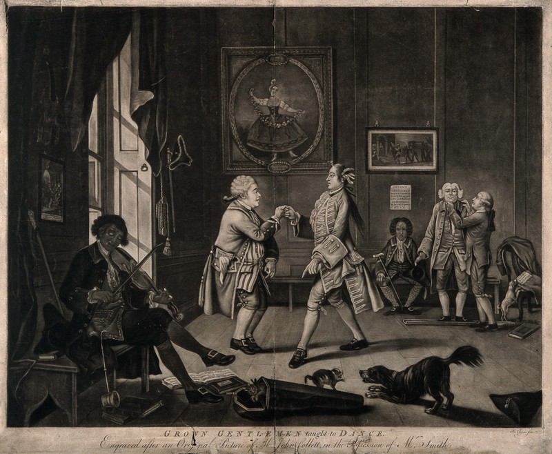Gentlemen being instructed in dancing and posture. Mezzotint by B. Clowes after J. Collet, ca. 1768., 1768, by John Collett