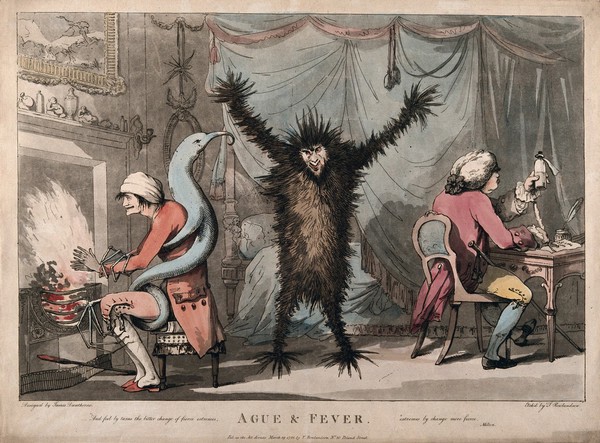 Fever, represented as a frenzied beast, stands racked in the centre of a room, while a blue monster, representing ague, ensnares his victim by the fireside; a doctor writes prescriptions to the right. Coloured etching by T. Rowlandson after J. Dunthorne, 1788.