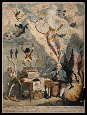 Philip Thicknesse writing at a table, surrounded by demonic apparitions representing aspects of his life. Aquatint by J. Gillray after himself, 1790.