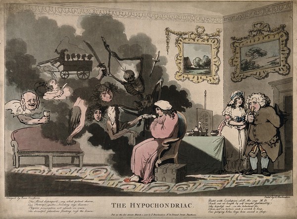 A man suffering from depressed spirits ("hypochondria") being tormented by doleful spectres. Coloured etching by T. Rowlandson after J. Dunthorne, 1788.