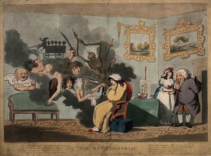 view A man suffering from depressed spirits ("hypochondria"), being tormented by doleful spectres. Coloured etching by T. Rowlandson after J. Dunthorne, 1788.