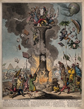 French savants huddled together at the top of a column, while a band of Bedouin Arabs set fire to it below; exaggerating the troubled experience of the 'Commission des Sciences et des Arts' during Napoleon's invasion of Egypt. Coloured etching by J. Gillray, 1799.