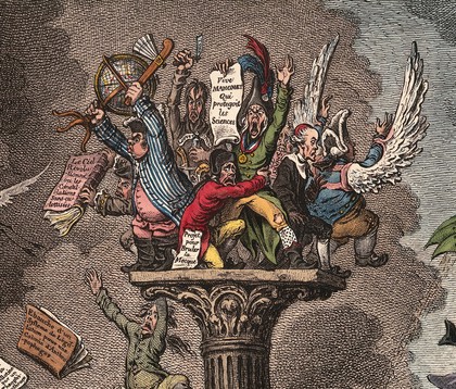 French savants huddled together at the top of a column, while a band of Bedouin Arabs set fire to it below; exaggerating the troubled experience of the 'Commission des Sciences et des Arts' during Napoleon's invasion of Egypt. Coloured etching by J. Gillray, 1799.