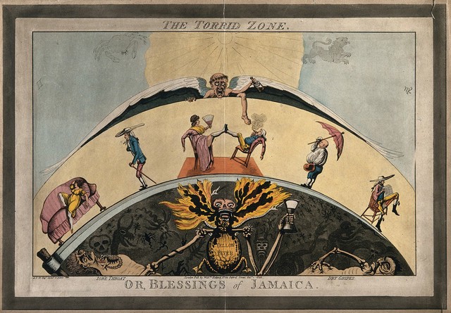 A parody astrological diagram showing opposing aspects of the life of settlers in Jamaica: langorous noons and the hells of yellow fever. Coloured aquatint after A.James, 1800.