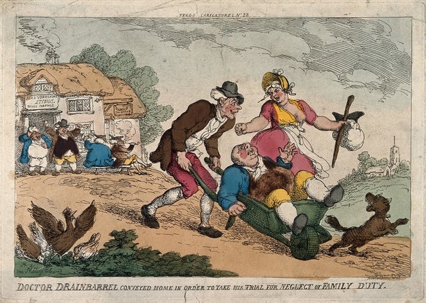 A drunken Doctor Drainbarrel is placed in a wheelbarrow and carted home from the inn. Coloured etching by T. Rowlandson, 1810.