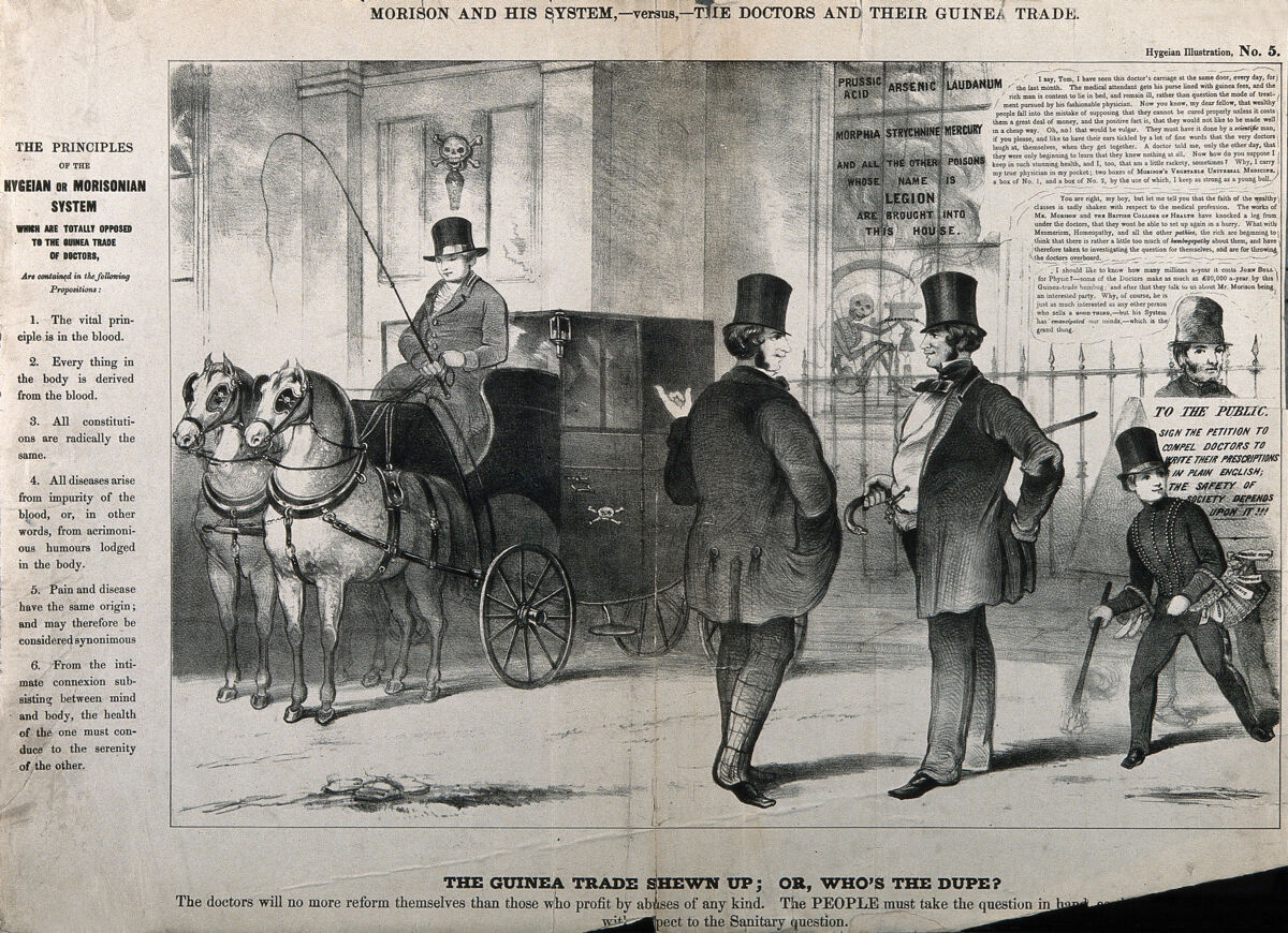 A satirical lithograph by pill-vendor James Morison's camp attacking doctors' fees and the medicines they prescribed.