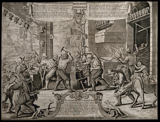The heads of women are reforged in a workshop by the sea; suggesting a brutal cure for the 'madness' of women. Line engraving by Campion, c. 1660.