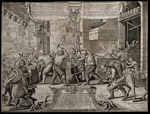 view The heads of women are reforged in a workshop by the sea; representing a brutal cure for the 'madness' of women. Line engraving by F. Campion, 1663.