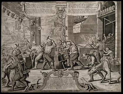 The heads of women are reforged in a workshop by the sea; representing a brutal cure for the 'madness' of women. Line engraving by F. Campion, 1663.