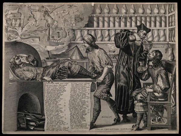 A surgery where all fantasy and follies are purged and good qualities are prescribed. Line engraving by E. de Boulonnois, 16--.