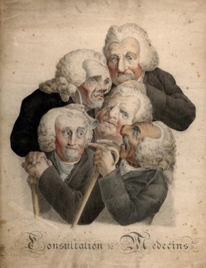 view Five aged doctors crushed together in consultation. Watercolour after L. Boilly, ca. 1823.