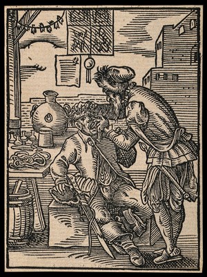 view A tooth-drawer extracting a tooth from a seated patient, in the open air. Woodcut by J. Amman.