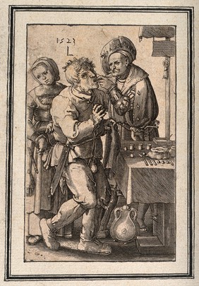 A tooth-drawer extracting a tooth from a standing patient, who is being pick-pocketed by a woman. Line engraving after L. van Leyden, 1523.