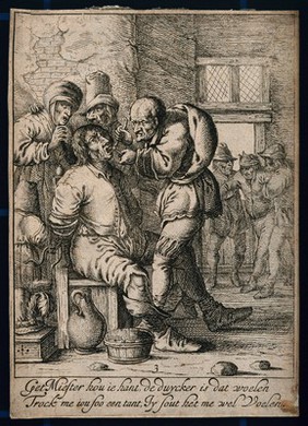 A tooth-drawer extracting a tooth from a patient who is strapped to a chair in a dilapidated room, his worried wife looks on. Etching.