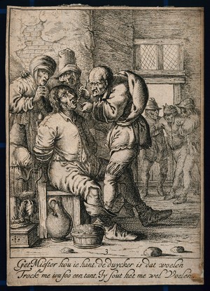 view A tooth-drawer extracting a tooth from a patient who is strapped to a chair in a dilapidated room, his worried wife looks on. Etching.