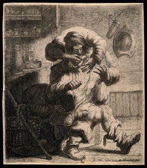 view A tooth-drawer extracting a tooth from a seated patient while a woman steals from his bag. Etching by J.J. van Vliet.