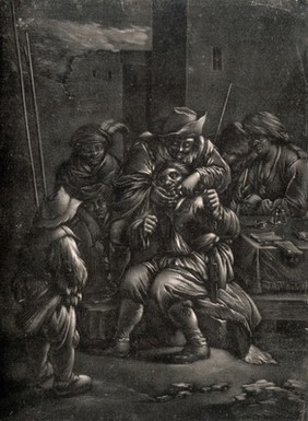 A tooth-drawer extracting a tooth from a seated grimacing patient, in the open air. Mezzotint.