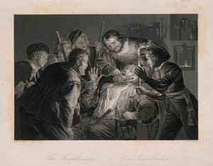 view A tooth-drawer in his practice extracting a tooth from a seated patient who is surrounded by friends and family holding candles. Engraving by D.J. Pound after G. van Honthorst.