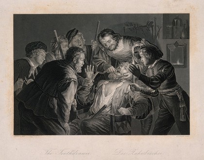 A tooth-drawer in his practice extracting a tooth from a seated patient who is surrounded by friends and family holding candles. Engraving by D.J. Pound after G. van Honthorst.