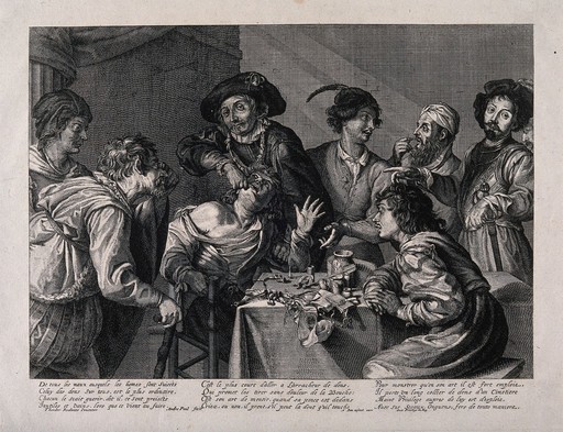 A confident tooth-drawer extracts a tooth from a seated patient, they are surrounded by a curious audience. Engraving by A. Paul after T. Rombouts.