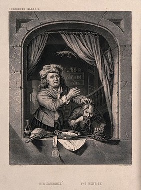 A tooth-drawer holding up a tooth after extracting it from a patient, who is spitting blood out of the window. Engraving by W. French after G. Dou, 1672.