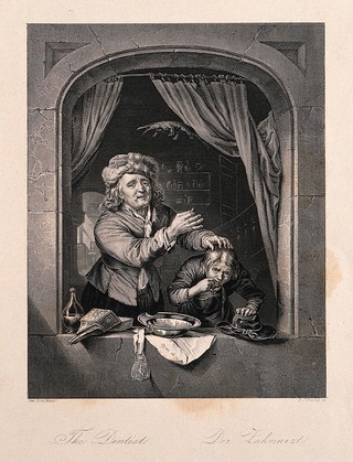 A tooth-drawer holding up a tooth after extracting it from a patient, who is spitting blood out of the window. Engraving by D.J. Pound after G. Dou, 1672.