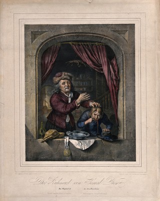 A tooth-drawer holding up a tooth after extracting it from a patient, who is spitting blood out of the window. Coloured lithograph by J.A.(?). Pecht, 1836, after G. Dou, 1672.
