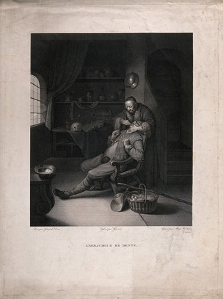 A tooth-drawer is extracting a tooth from a tense seated patient, the room is scattered with objects pertaining to academia. Line engraving by A. Kesler after F. Giani after G. Dou.