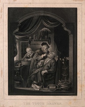 view A surgeon extracting a tooth from a patient, while the latter's concerned wife stands in the background. Mezzotint by Read after G. Dou.