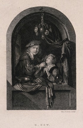 A tooth-drawer examining the tooth of a child. Engraving by C. Lewis after G. Dou.