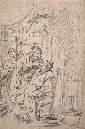A tooth-drawer examining the tooth of a seated patient amidst paraphernalia relating to his profession. Pencil drawing attributed to D. Teniers II.