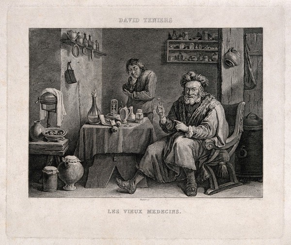 A tooth-drawer proudly holding up a tooth he has just extracted, the patient holding his face sulks in the background. Engraving by F. Hubert after D. Teniers II.