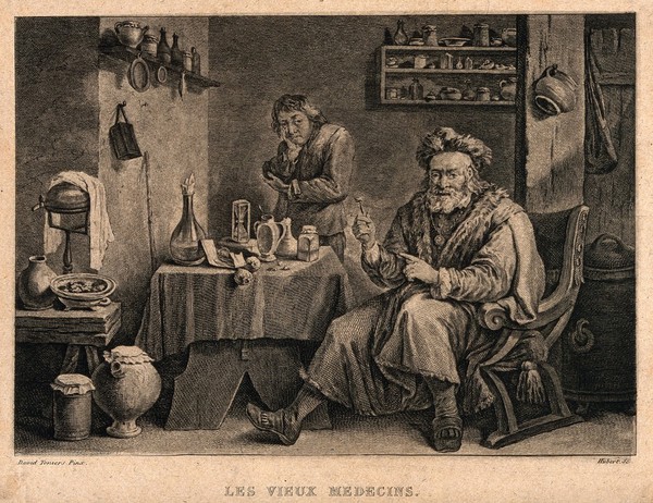 A tooth-drawer proudly holding up a tooth he has just extracted, the patient holding his face sulks in the background. Engraving by Hubert after D. Teniers II.