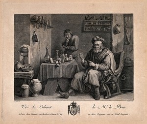 view A tooth-drawer proudly holding up a tooth he has just extracted, the patient holding his jaw in the background. Engraving by J.P. Le Bas after D. Teniers II.