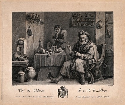 A tooth-drawer proudly holding up a tooth he has just extracted, the patient holding his jaw in the background. Engraving by J.P. Le Bas after D. Teniers II.