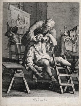 A travelling tooth-drawer extracting a tooth from an anxious patient. Engraving by G. Volpato after F. Maggiotto.