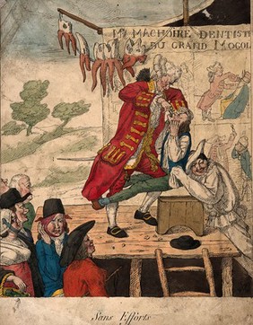 A foppish dentist on stage extracting a tooth from a patient who is being restrained by a man dressed as Pierrot. Coloured etching by A. Auger, 1817.