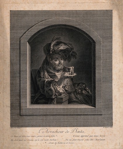 A French tooth-drawer wearing a turban and pretending to be Turkish in order to attract clients, holding a large tooth and an enormous tooth extractor. Engraving by N. Dupuis after F. Eisen.