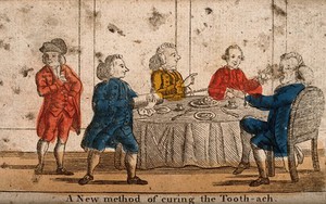 view A man squirting a clyster in to somebody's mouth in order to cure his toothache, at a dinner table. Coloured etching.