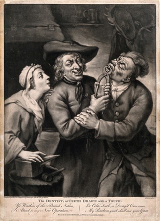 A rustic tooth-drawer extracting a tooth from a standing man. a woman looks on. Mezzotint by J. Dixon after J. Harris the elder, 1768.