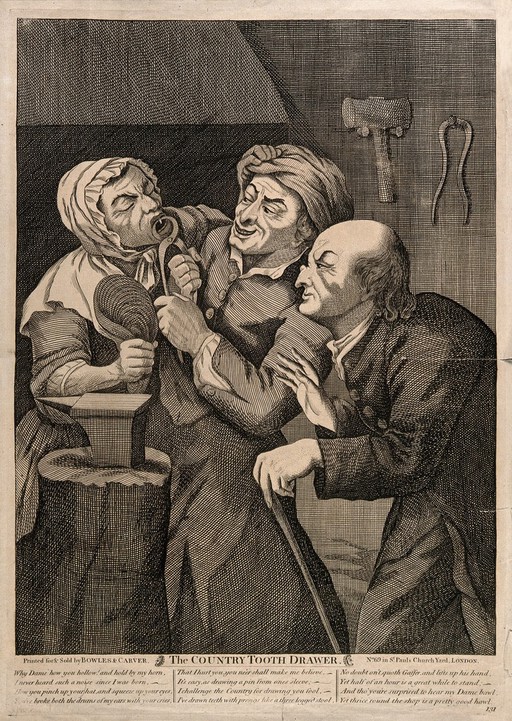 A rustic blacksmith turned tooth-drawer extracting a tooth from an anxious female patient. Mezzotint by J. Wilson after J. Harris the elder.