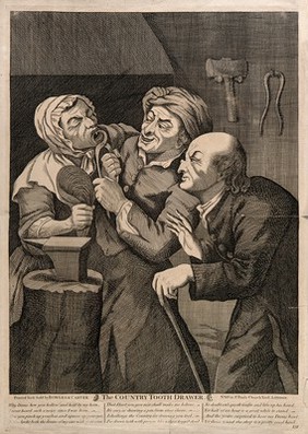 A rustic blacksmith turned tooth-drawer extracting a tooth from an anxious woman patient. Engraving after J. Harris the elder.