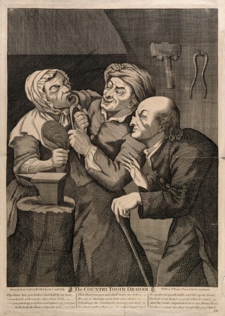 A rustic blacksmith turned tooth-drawer extracting a tooth from an anxious woman patient. Engraving after J. Harris the elder.