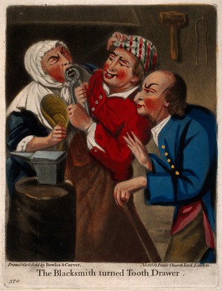 A rustic blacksmith turned tooth-drawer extracting a tooth from an anxious woman patient, her husband observes the situation. Mezzotint after J. Harris the elder.