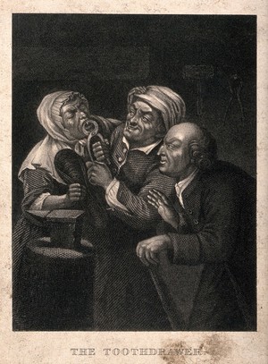 view A rustic blacksmith turned tooth-drawer extracting a tooth from an anxious woman patient, her husband observes the situation. Engraving after J. Harris the elder.