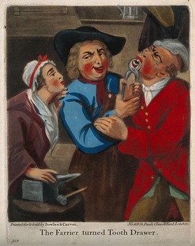 A rustic farrier turned tooth-drawer extracting a tooth from a standing man, a woman looks on. Coloured mezzotint after J. Harris the elder.