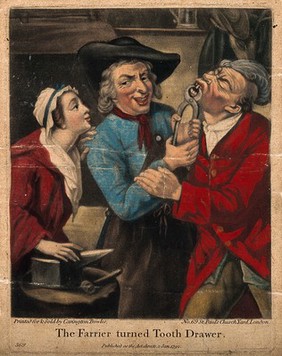 A rustic farrier turned tooth-drawer extracting a tooth from a standing man, a woman looks on. Coloured mezzotint, 1792, after J. Harris the elder.