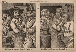 view Two scenes of a farrier extracting a tooth from a male patient and a blacksmith extracting a tooth from a female patient. Etching after J. Harris the elder.